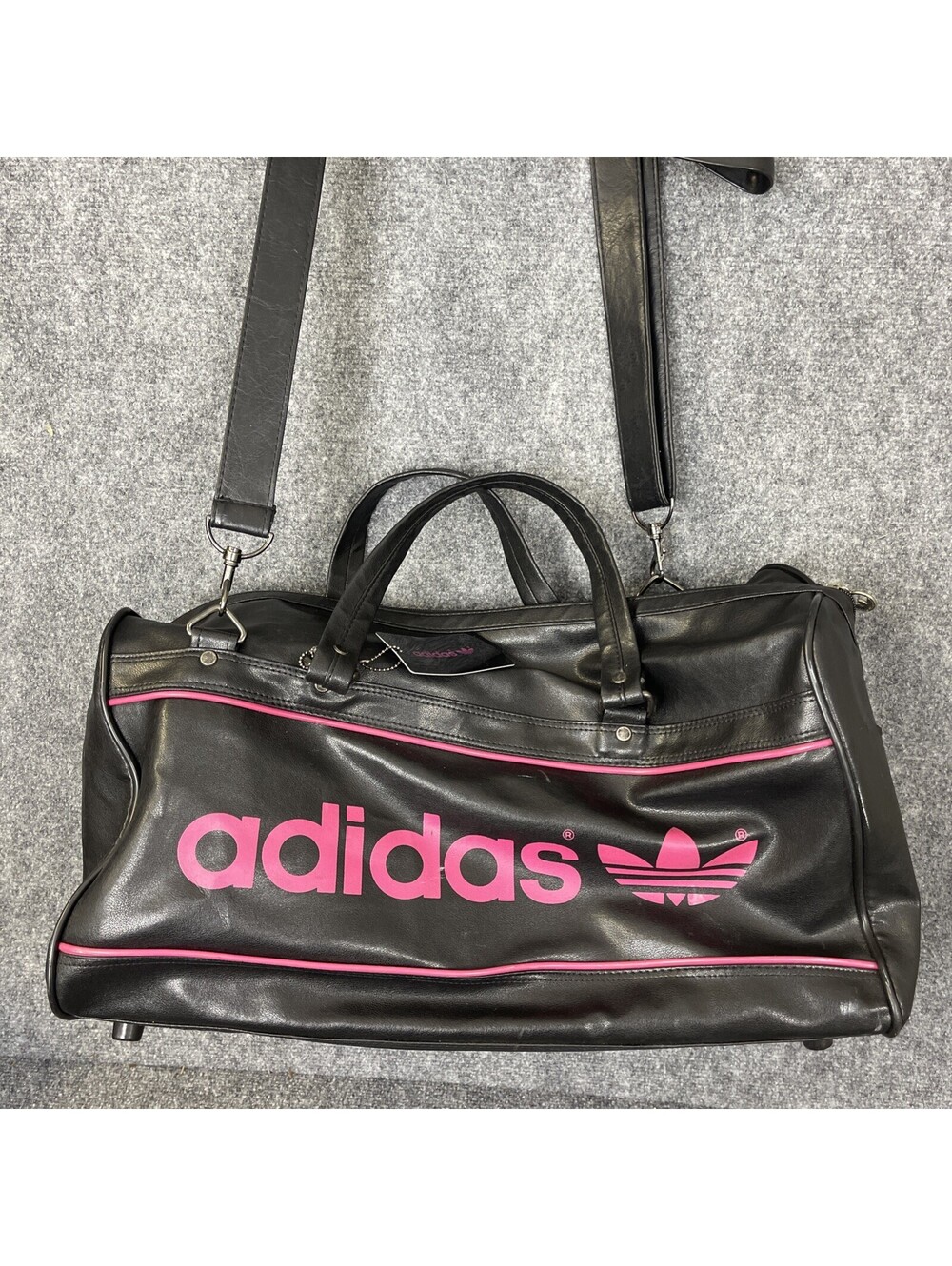 Vtg Adidas Duffle Tote Overnight Gym Bag Faux Leather Black Hot Pink Trefoil 80s